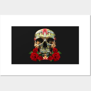 Colorful Day Of The Dead Sugar Skull Red Roses Posters and Art